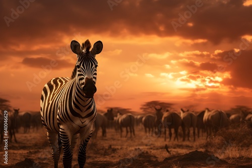 African zebras at beautiful orange sunset in the Serengeti National Park. Tanzania. Wild nature of Africa, AI generated