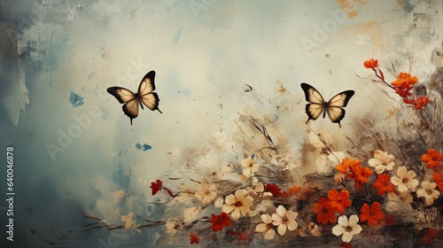 A grungy background with butterflies and flowers. Generative AI. 