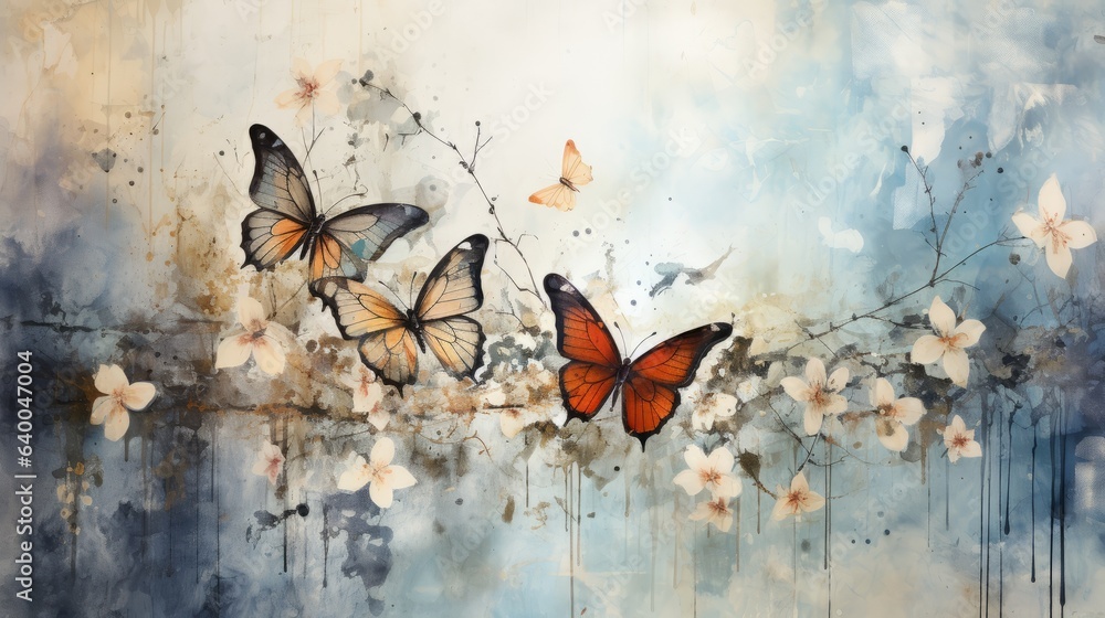 Tuinposter met A grungy background with butterflies and flowers. Generative AI.  #640047004