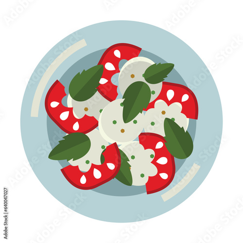 Caprese salad with vegetables and cheese. Delicious, healthy nutritious food cooked in cafe and restaurant cartoon illustration. Colored flat vector isolated on white background