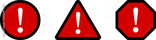 Red White Black Round Circle Octagonal and Triangular Warning or Attention Caution Sign with Exclamation Mark Flat Icon Set. Vector Image.