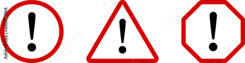 Red White Black Round Circle Octagonal and Triangular Warning or Attention Caution Sign with Exclamation Mark Flat Icon Set. Vector Image.