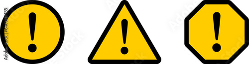 Yellow and Black Round Circle Octagonal and Triangular Warning or Attention Caution Sign with Exclamation Mark Flat Icon Set. Vector Image.