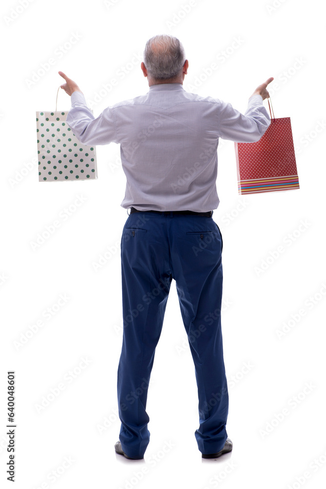 Old businessman holding bags isolated on white Old businessman holding bags isolated on white