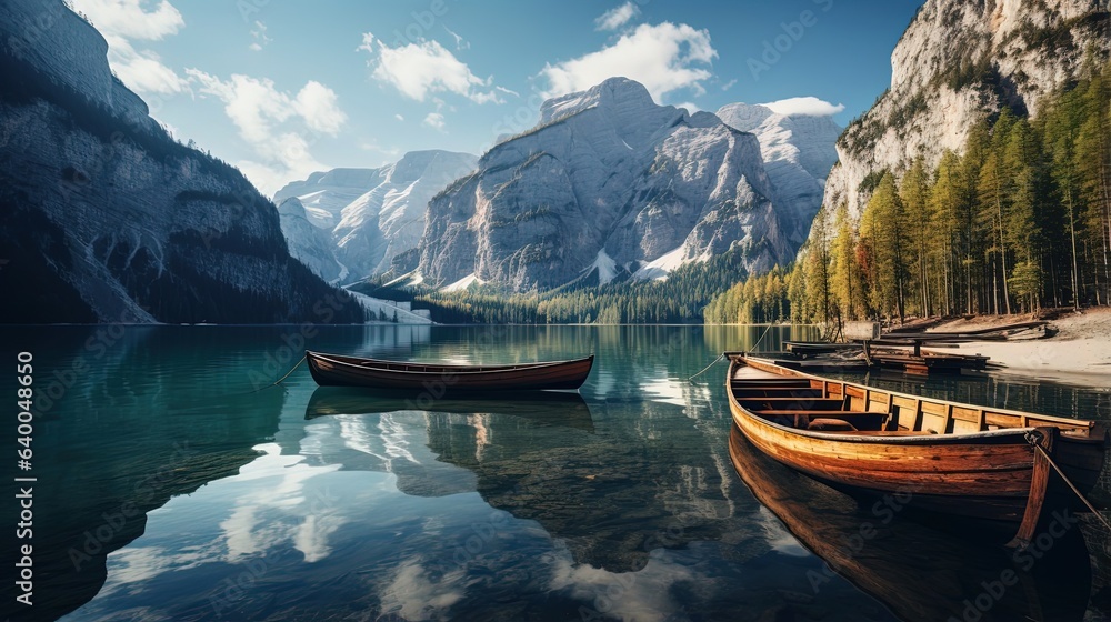 Naklejka premium Boat in Beautiful Lake and Mountain 