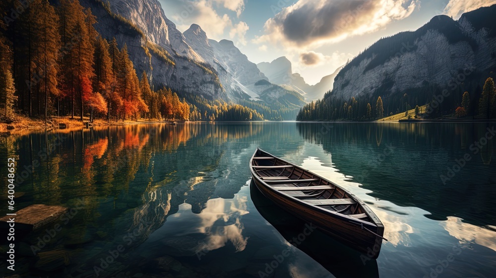 Boat in Beautiful Lake and Mountain 