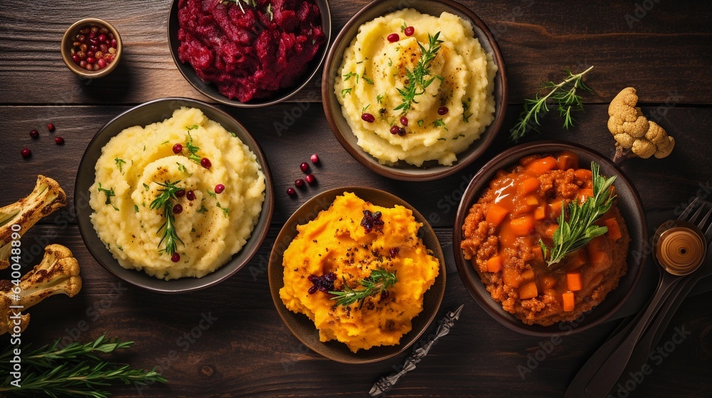 An overhead view of Thanksgiving plates filled with roasted vegetables, mashed potatoes, and cranberry sauce, highlighting the rich autumnal colors, with space for text near the top. AI generated. - obrazy, fototapety, plakaty 
