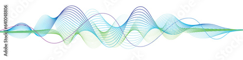 Data transmission, sound wave, technology, space transformation. Abstract green-purple-blue wave on transparent background for web design, presentation design, web banners. Design element