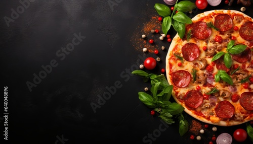 pizza sausage  tomato sauce  cheese Menu concept  food background  diet. top view. copy space for text