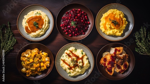 An overhead view of Thanksgiving plates filled with roasted vegetables, mashed potatoes, and cranberry sauce, highlighting the rich autumnal colors, with space for text near the top. AI generated.