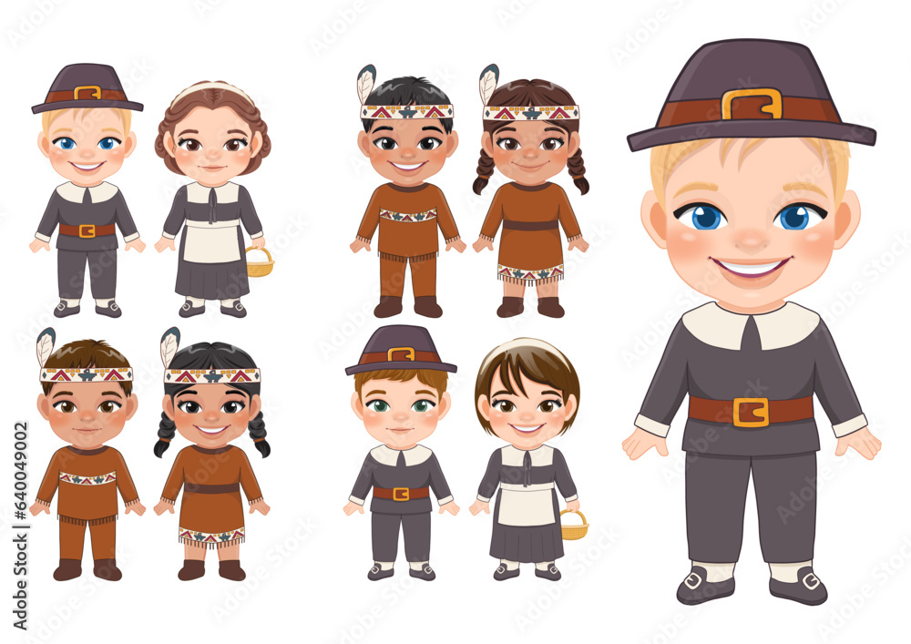 Happy Thanksgiving Pilgrim and Native American Indian Costume Boy and Girl Vector Flat Icon Style Happy Thanksgiving Pilgrim and Native American Indian Costume Boy and Girl Vector Flat Icon Style