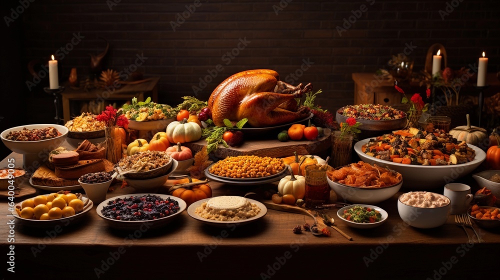 A wide-angle shot of a table laden with a variety of Thanksgiving dishes, showcasing the abundance and diversity of the meal with space for text on one side. AI generated.