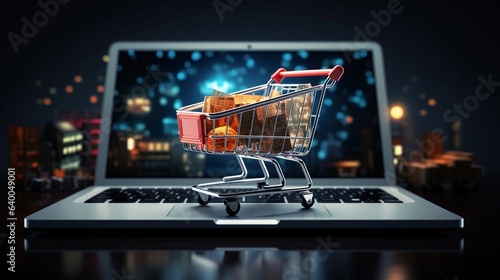 A laptop displaying a shopping cart with various items, illustrating the concept of e-commerce and digital transactions. AI generated.