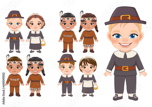 Happy Thanksgiving Pilgrim and Native American Indian Costume Boy and Girl Vector Flat Icon Style