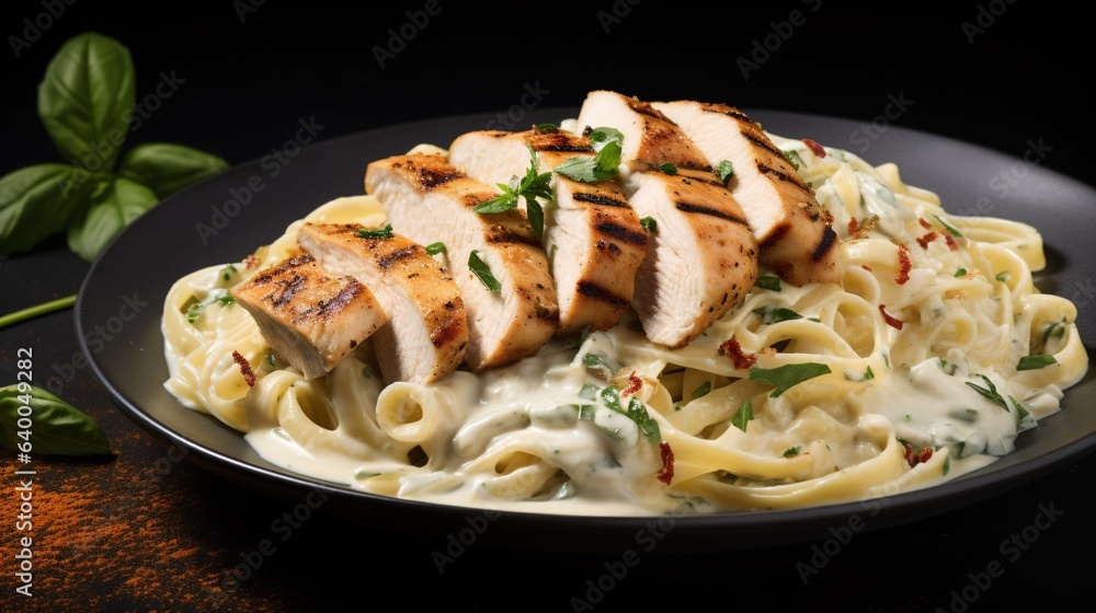 Fototapeta premium Chicken Alfredo, Tagliatelle with greens and cream sauce on a dark background, Fettuccine meal. created with Generative AI