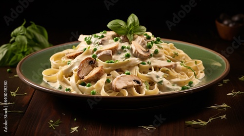 Chicken Alfredo, Tagliatelle with greens and cream sauce on a dark background, Fettuccine meal. created with Generative AI