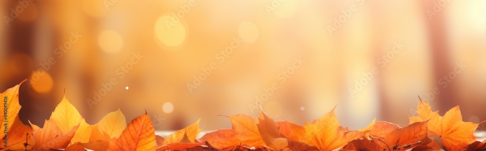 With orange leaves on a blurred background, this is a colorful universal natural autumn panorama for design. With orange leaves on a blurred background, this is a colorful universal natural autumn panorama for design.