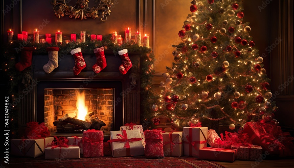 A warm Christmas background with gifts and a fireplace