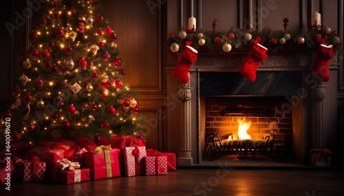 Foto A warm Christmas background with gifts and a fireplace