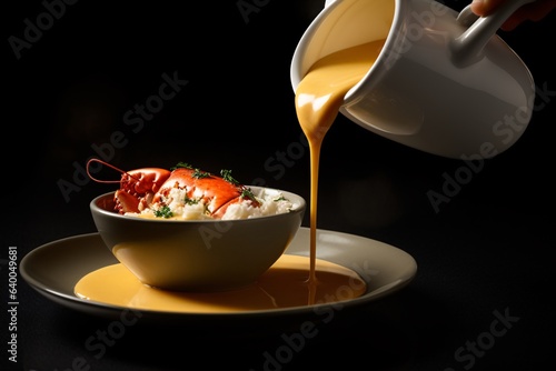 Lobster bisque soup with cream and parsley, herbs and seeds. on a black background. Culinary photo. created with Generative AI