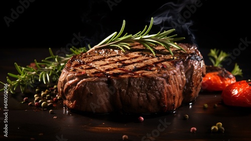 Grilled beef steak with rosemary and vegetables on a black background. created with Generative AI