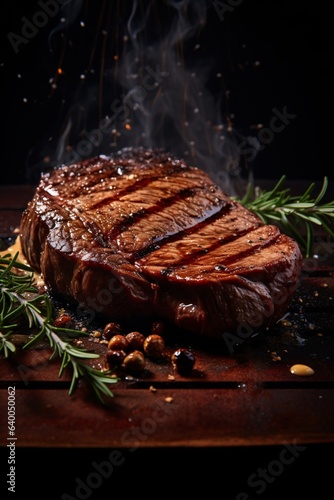 Grilled beef steak with rosemary and vegetables on a black background. created with Generative AI