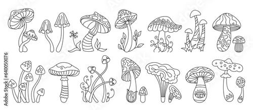 Mushrooms stylizes hippie doodle linear set. Mystical boho magic poisonous and edible tattoo mushrooms. Organic line poisonous psychedelic fungus 70s and 80s style. Cartoon sketch vector collection