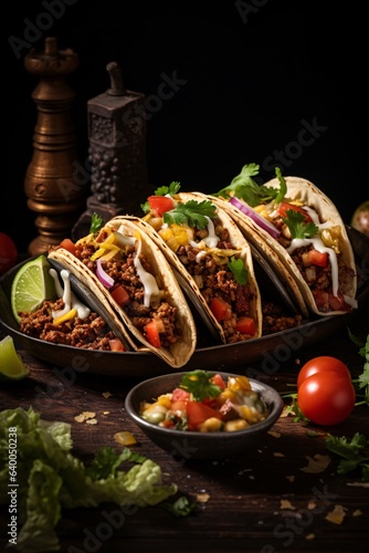Traditional mexican tacos with meat, vegetables and salsa on wooden or black background. created with Generative AI