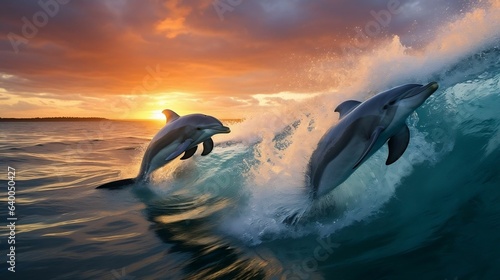 Graceful dolphins leaping through azure waves 