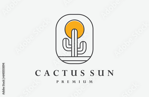 cactus plant on sun logo vector line art minimalist symbol illustration design