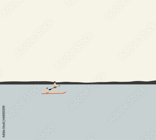 Boy kids sitting on paddle sup surfboard in water. Family summer vacation time near the sea. Modern outdoor activity.