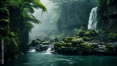 Misty waterfall cascading through lush emerald forest 