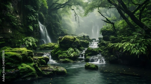 Misty waterfall cascading through lush emerald forest 