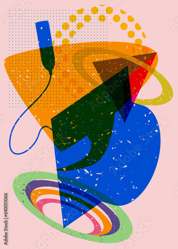 Graduation cap with Speech Bubble and colorful geometric shapes. Education concept in trendy riso graph design. Geometry elements abstract risograph print texture style.