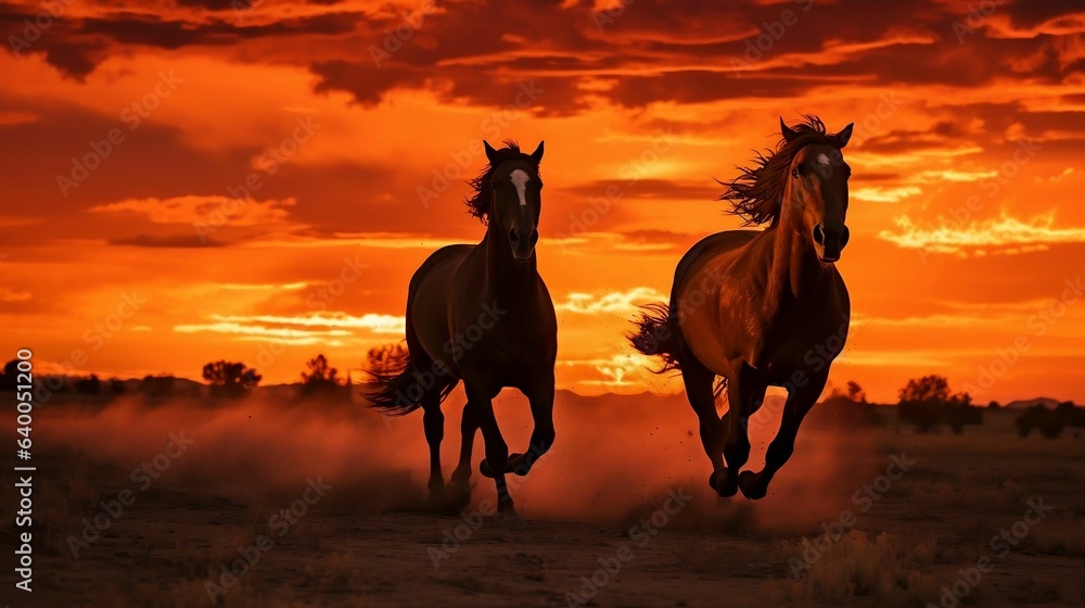 Silhouetted horses galloping against a fiery sunset
Silhouetted horses galloping against a fiery sunset