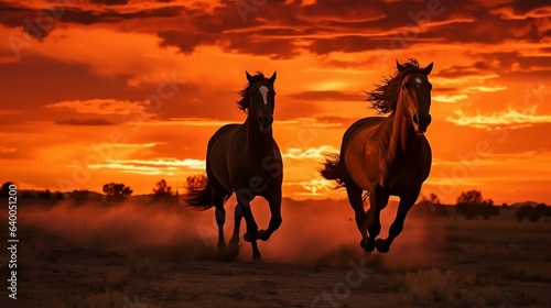 Foto Silhouetted horses galloping against a fiery sunset