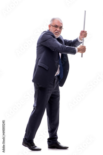 Old businessman holding metal stick isolated on white