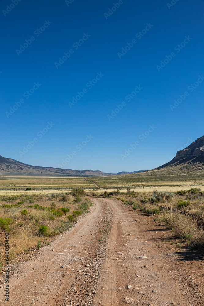 A dirt road stretching across a vast arid valley in northern Arizona with a clear blue sky. A dirt road stretching across a vast arid valley in northern Arizona with a clear blue sky.