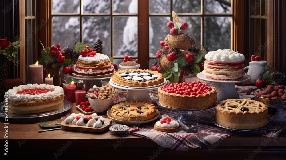 A dessert table filled with an array of pies, cakes, and sweets, capturing the sweetness and indulgence of the holiday finale. AI generated.