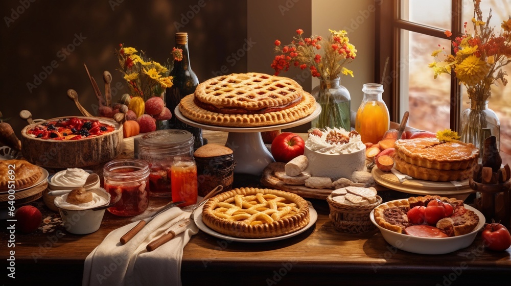 Fototapeta premium A composition featuring a variety of homemade pies and dishes on a Thanksgiving table, evoking the flavors and traditions of the holiday. AI generated.
