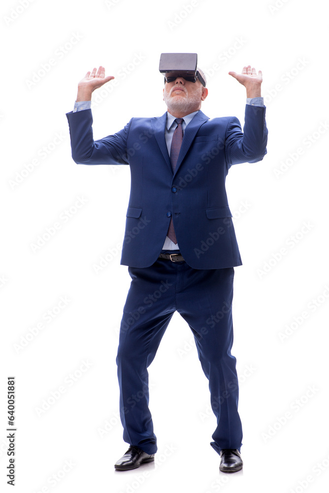 Old businessman wearing virtual glasses isolated on white Old businessman wearing virtual glasses isolated on white