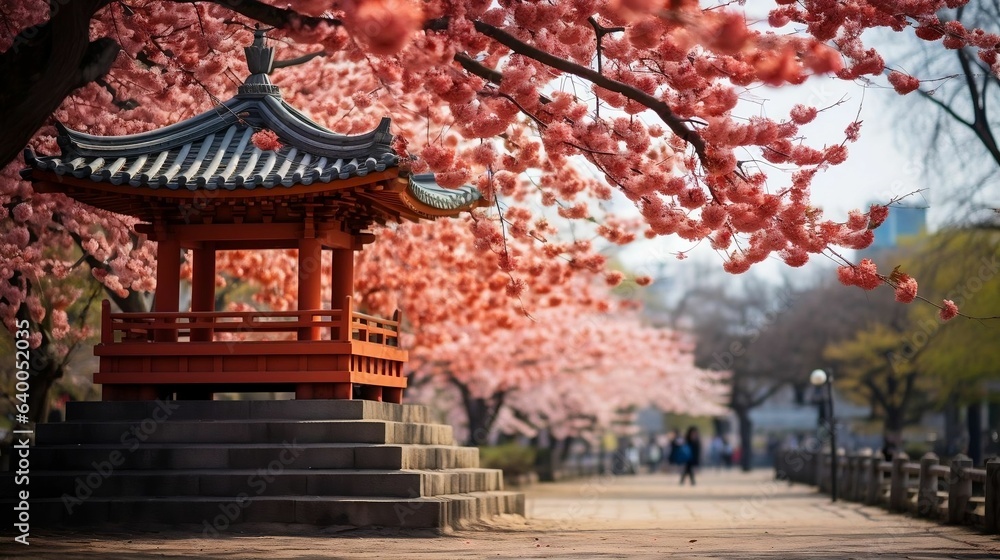 Ancient pagoda surrounded by vibrant cherry blossoms
Ancient pagoda surrounded by vibrant cherry blossoms
