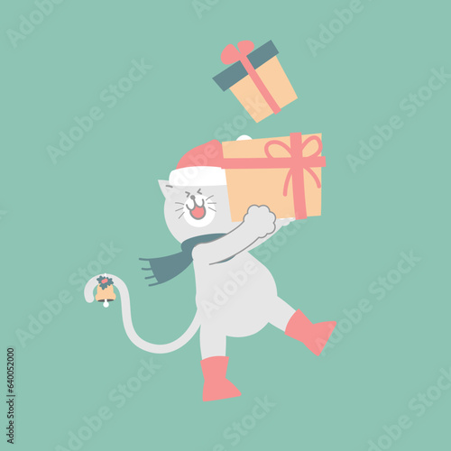 merry christmas and happy new year with cute cat and present gift box in the winter season green background, flat vector illustration cartoon character costume design