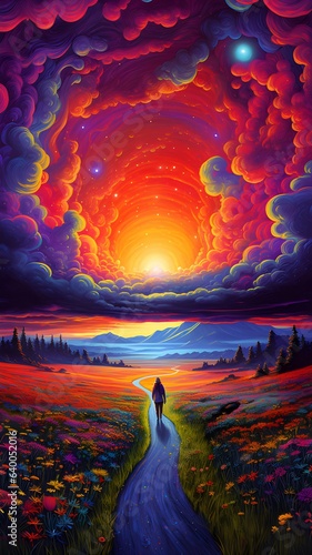Person walking along a path in a fantasy land. Dark surroundings, deep clouds, bright distant sun, red skies.