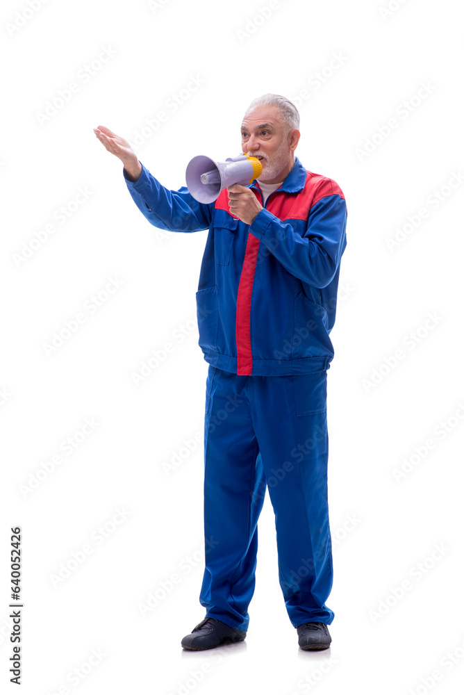 Old foreman holding megaphone isolated on white Old foreman holding megaphone isolated on white
