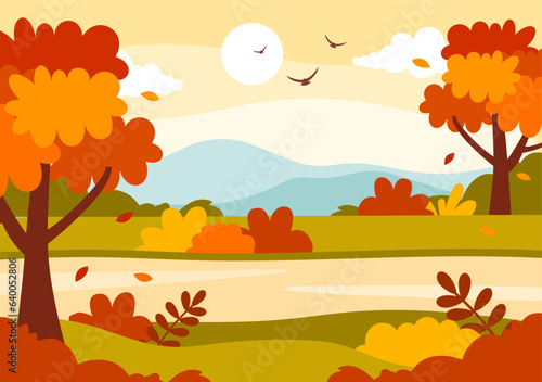 Autumn Landscape Background Vector Illustration with Mountains  Fields  Trees and Fall Leaves in Flat Cartoon Natural Season Panorama Templates