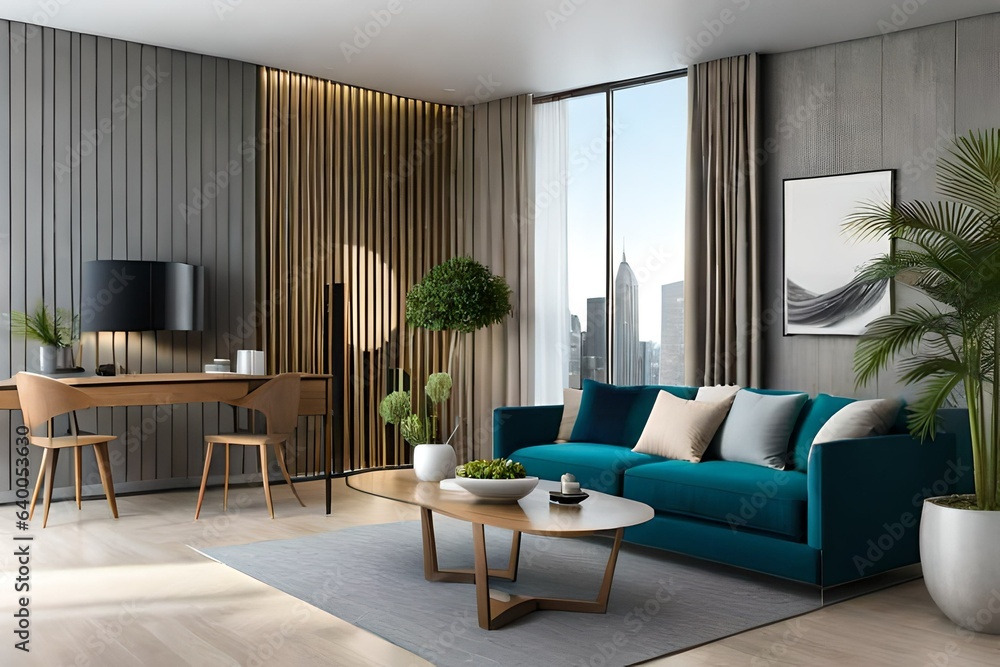 Fototapeta premium Modern interior design, in a spacious room, next to a table with flowers on a gray wall. Bright, spacious rooms with comfortable sofas, plants and elegant accessories.