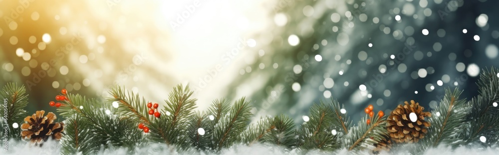 Branches and snowfall flakes covered in snow on a winter panorama background. Christmas banner. Branches and snowfall flakes covered in snow on a winter panorama background. Christmas banner.