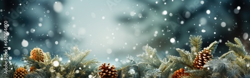 Branches and snowfall flakes covered in snow on a winter panorama background. Christmas banner.