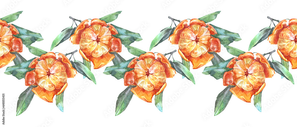 Seamless rim watercolor citrus fruit orange tangerine with peel and with green leaves on white background. Hand-drawn christmas food for winter decor card or wallpaper. Border for menu or wrapping